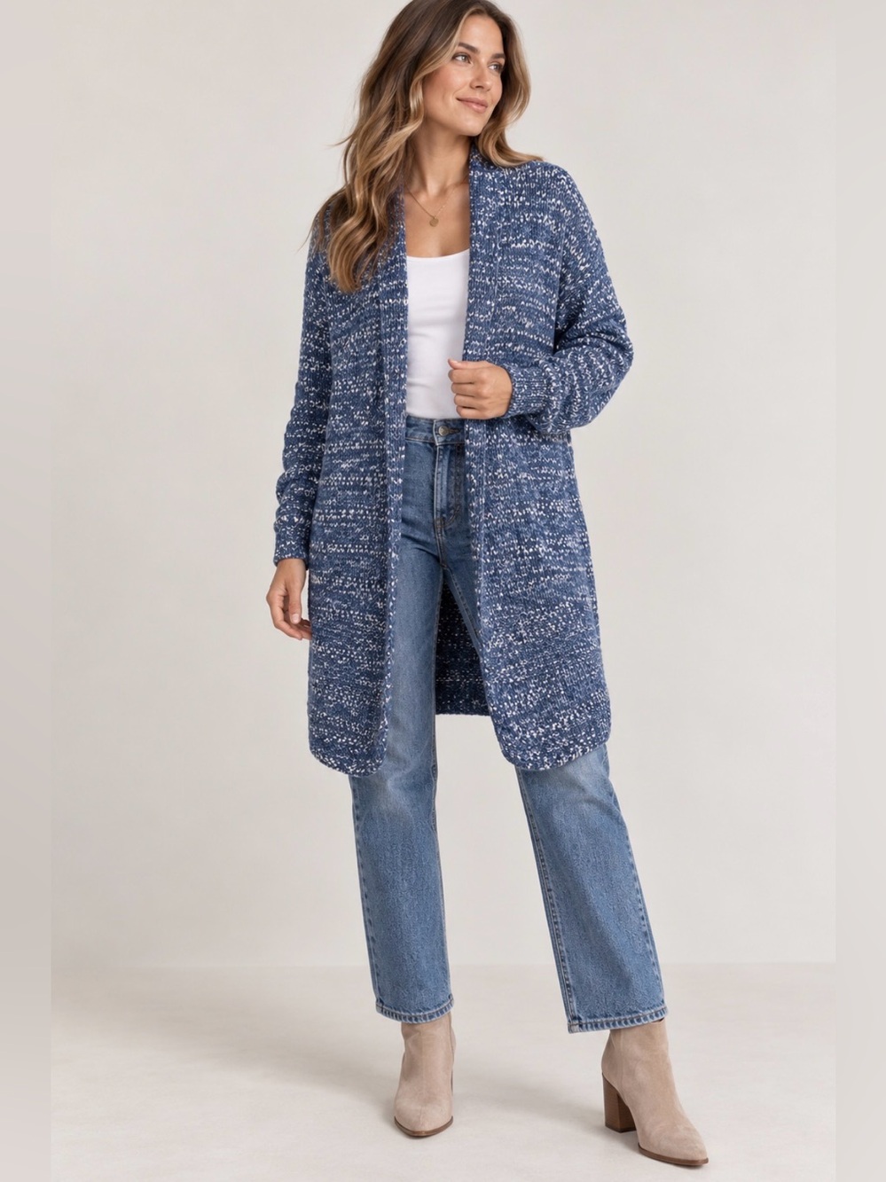 Gap Blue & White Marled Knit Long Cardigan Sweater XL